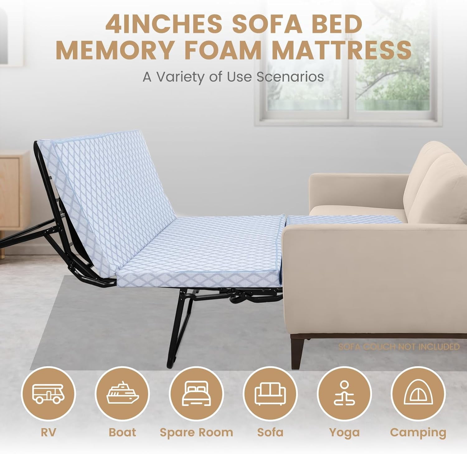 Begonia.K 4 Inch Foldable Memory Foam Sofa Bed Mattress Replacement, Full Size Pull Out Couch for Sleeper and Couch Beds Guest, RV Travel, Camping, 72" L x 53" W x 4" H, Sofa Not Included