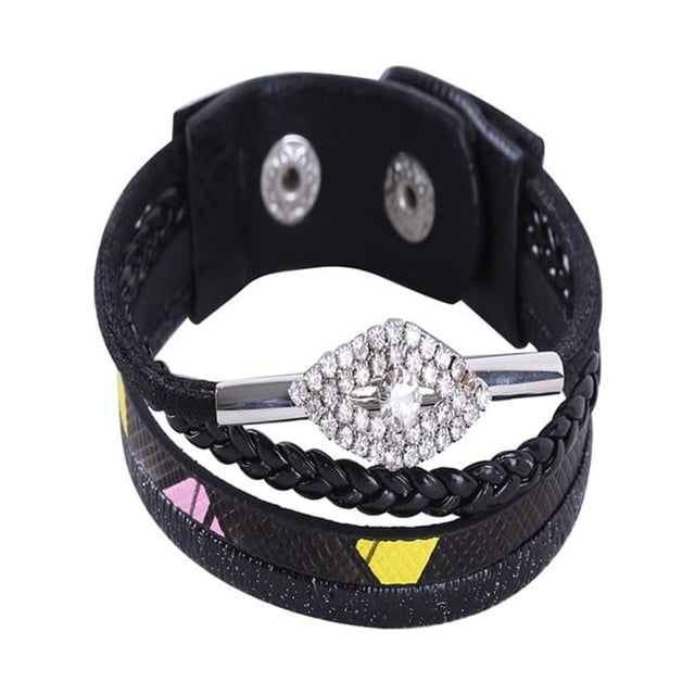 Ojo Pulsera de aleación de diamantes de imitación Botón a presión Pulsera tejida Correa de mano Joyería unisex Negro
