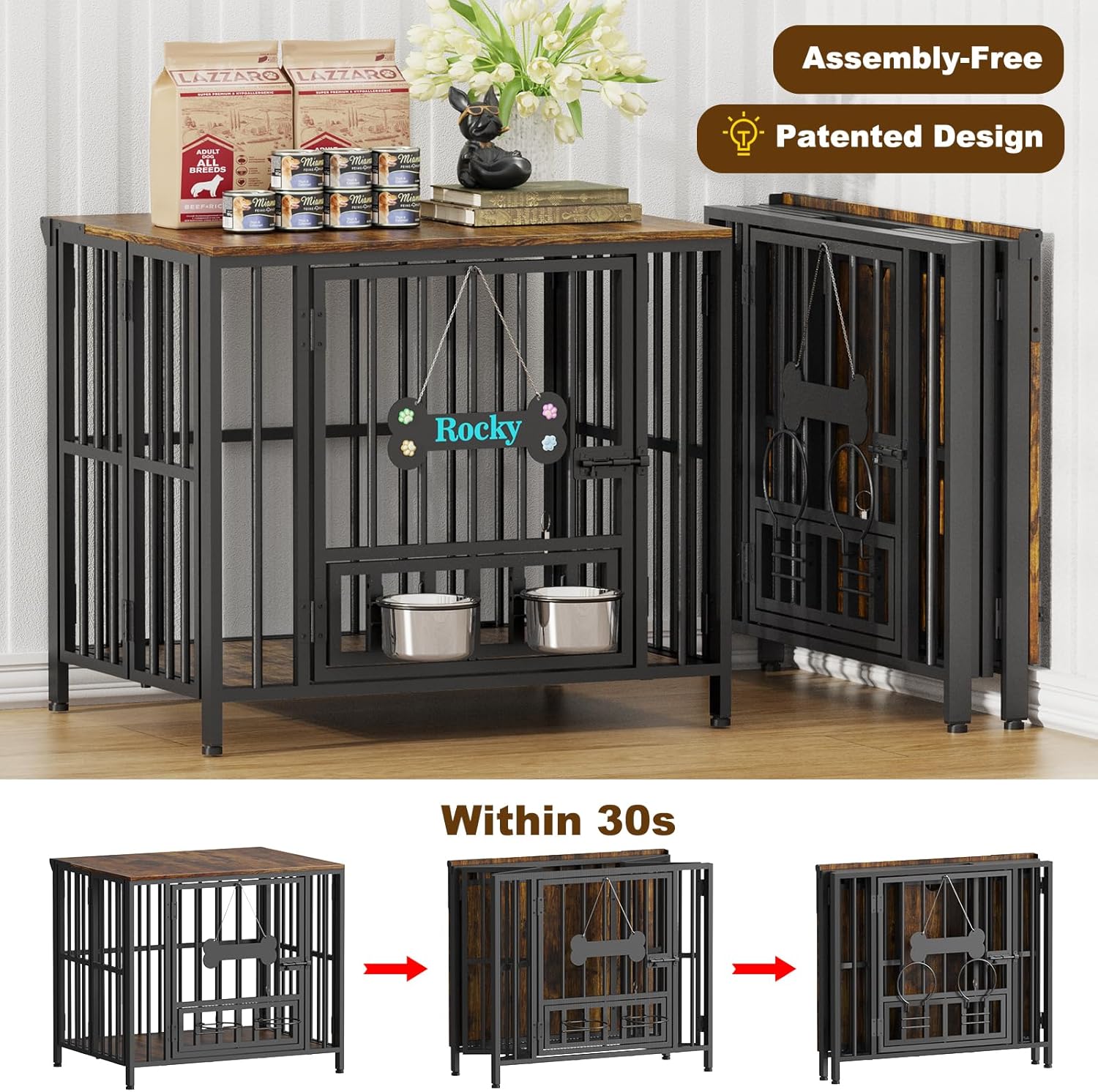 POAO 27" Dog Crate Furniture Foldable, No Assembly Decorative Dog Kennel Indoor with Adjustable Bowls and Name Tag,Small Size (Under 20 lb),Brown