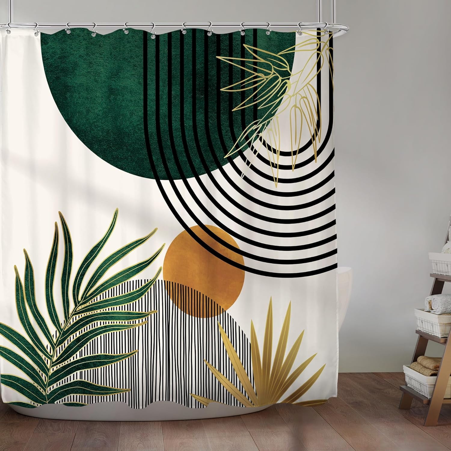 Mid Century Green Boho Shower Curtain for Bathroom Decor 72Wx72H Inches Abstract Modern Minimalist Sun Arch Curve Leaves Geometric Neutral Aesthetic Fabric Waterproof Polyester 12 Pack Hooks