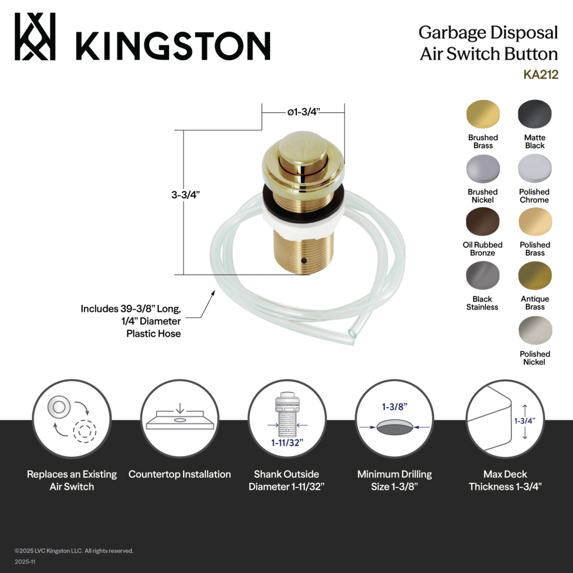 Kingston Brass KA217 Trimscape Disposal Air Switch Button in Brushed Brass