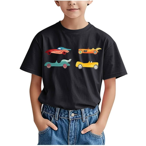 Hduncf Boy's Handsome Racing Car Print Short Sleeve Crewneck T-Shirts Top Tee Size 3-15 Years Toddler Boys T-shirt Black 9 Years
