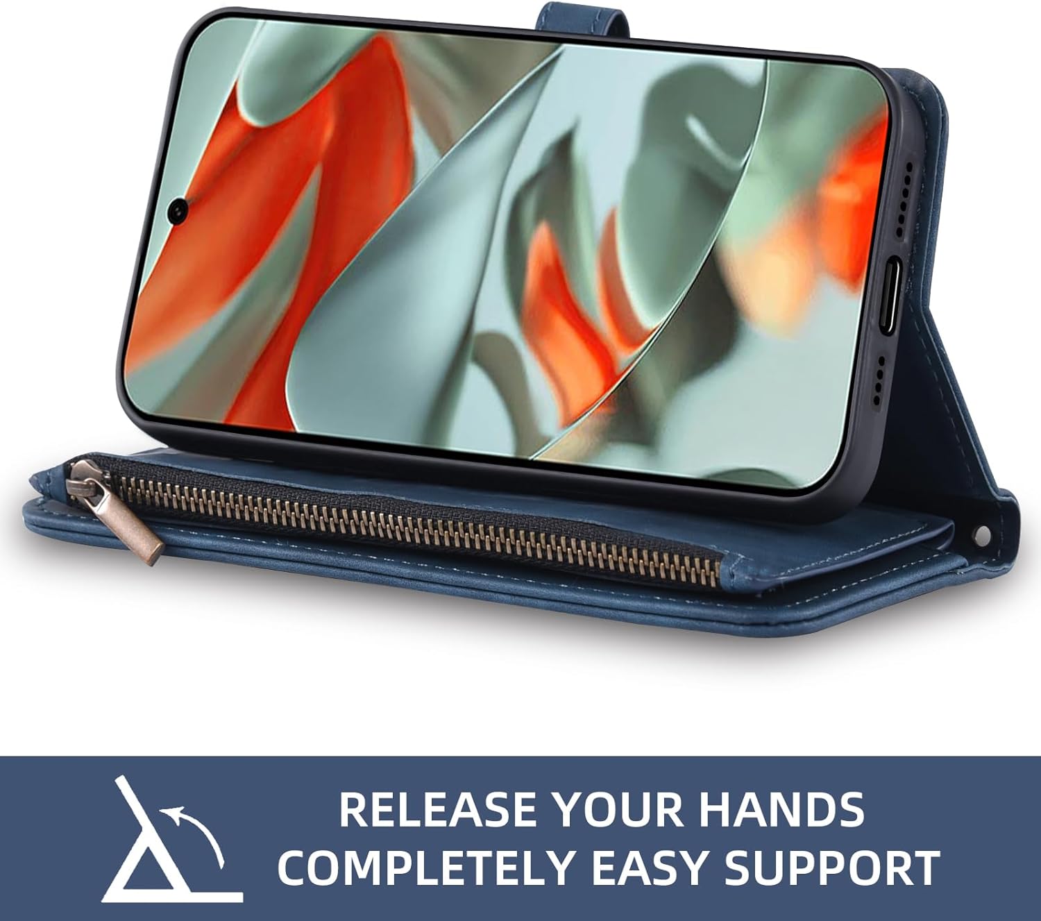Asuwish Phone Case for Google Pixel 9 Pro XL Wallet Cover With Tempered Glass Screen Protector Crossbody Wrist Strap Flip Pattern Zipper Credit Card Holder Cell Pixel9 9Pro 9ProXL Nine Women Men Blue