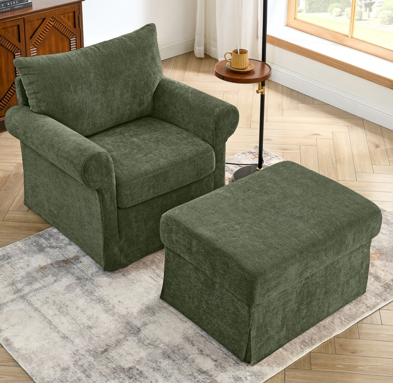 Oversized Single Sofa Chair w/ Ottoman Set, Chenille Accent Chaise Lounge, Modern Upholstered Armchair w/ Backrest Pillow
