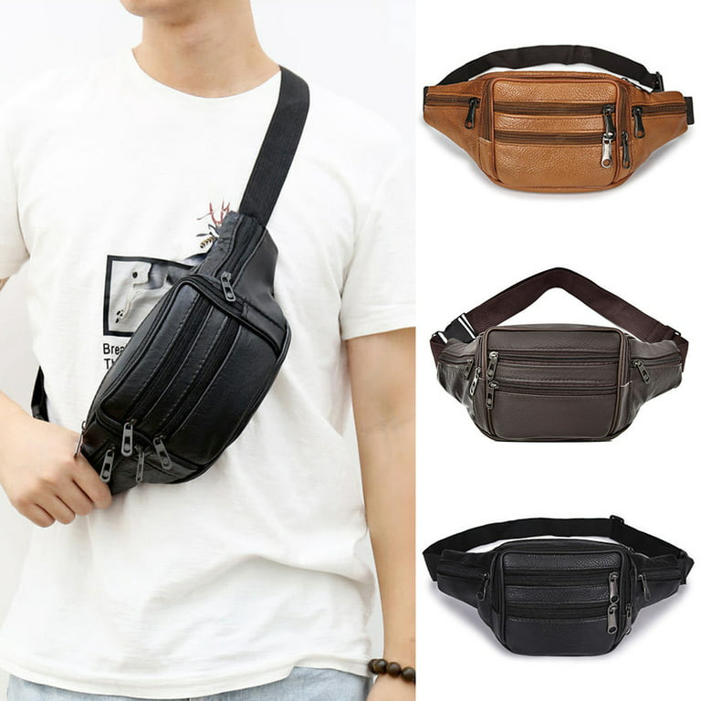 Spostyle Leather Waist Bag Fanny Pack Belt Bag Pouch Travel Hip Purse for Men Women, Multiple Pockets & Zippers, Khaki/Black/Brown Option, Adult