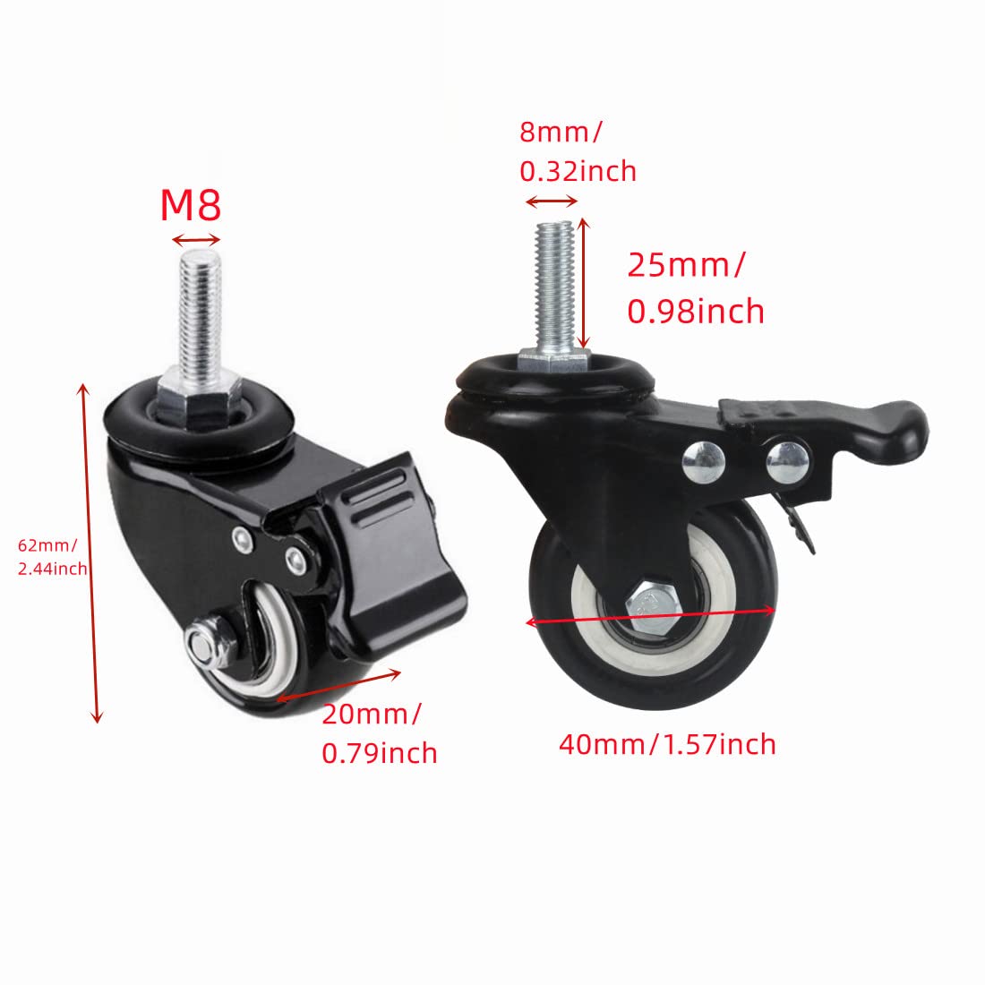 4Pcs 1.5 Inch Heavy Duty Caster Wheels Swivel Casters with Brake and M8 Threaded Stem, Loading 50kg/110lbs Black Rubber -