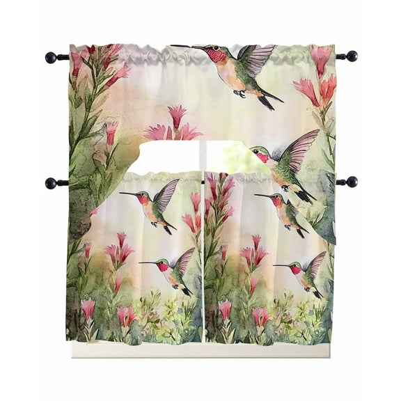 Hummingbird Red Floral Kitchen Curtains Sets 24 Inch Length with Valance, Rustic Botanical Green Ombre Swag Valances and Tiers Curtain Set Drapes Swag Curtains for Living Room, Bathroom, Bedroom