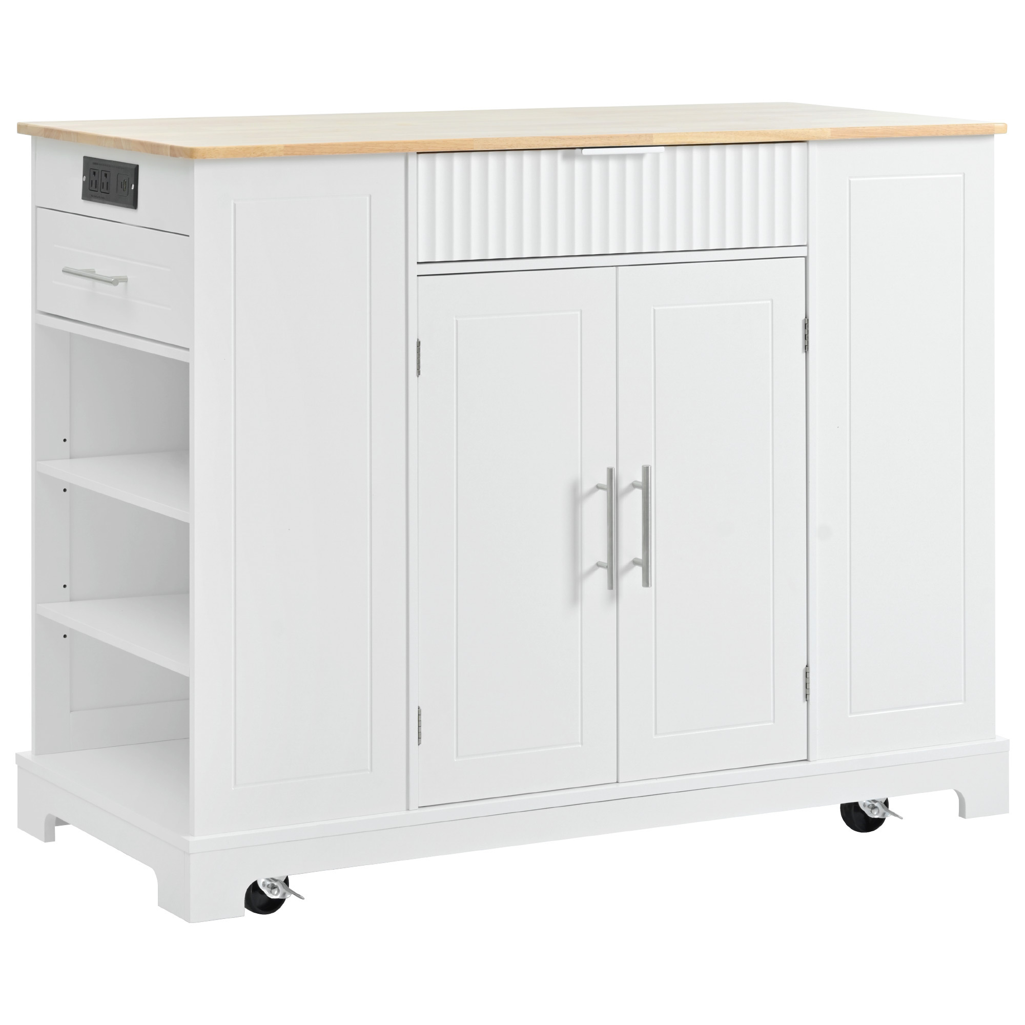 AENKYO Fluted Kitchen Island with Trash Can Storage Cabinet, Power Outlet, Internal Storage Rack, Rolling Kitchen Islands on 5 Wheels with 3 Drawer, 3 Open Side Racks for 10 Gallon Garbage Bin,White