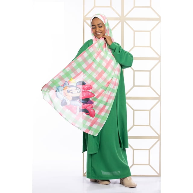 Estabraq Lady Women Handmade Printed Chiffon Scarf (Hijab) with Checkered Minnie Mouse Digital Prints