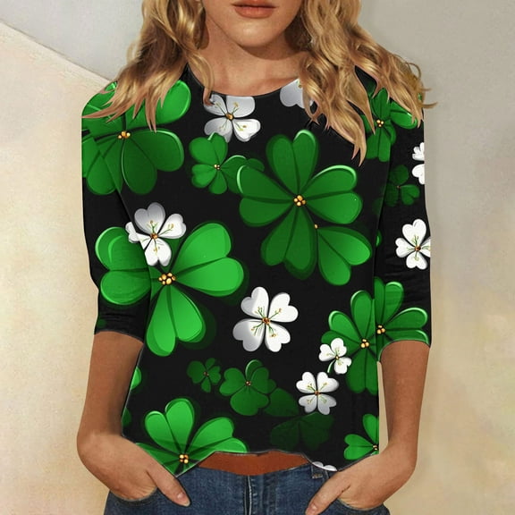 Womens St Patricks Day Tops, 3/4 Sleeve T Shirt Tops for Women, Round Neck Blouses Ladies Loose Casual St. Patrick's Day Printed Shirt Round Neck Three Quarter Sleeves 3/4 Sleeved T-Shirts