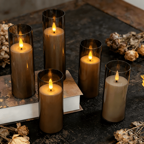 Goyuon Gray LED Flameless Pillar Candles Battery-powered Remote Control and Timer, Set Of 5 (3" D X 4" 5" 6" 8" H) Decorative Candles 3D Flame Lights