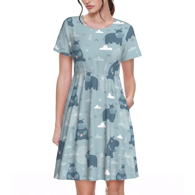 Bixox Robe d'Été à Manches Courtes pour Femmes Robe Ample Longueur Genou avec Poches Hippopotame Mignon