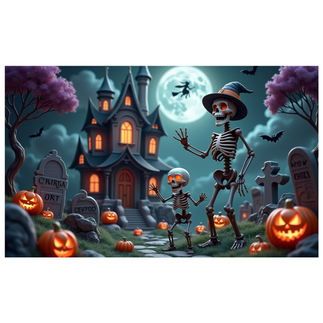 Spooky Scene Halloween Banner Gothic Theme Pumpkin Lantern Skeleton Design Cemetery Setting for Halloween Party Event Decor