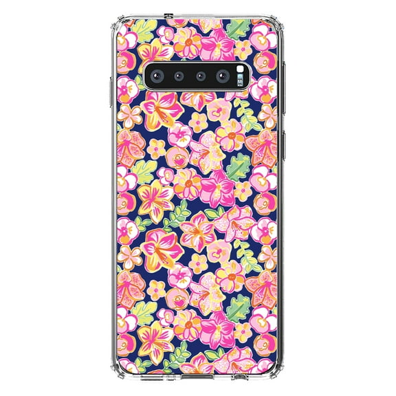 DistinctInk Clear Shockproof Hybrid Case for Samsung Galaxy S10 (6.1" Screen) - TPU Bumper, Acrylic Back, Tempered Glass Screen Protector - Preppy Pattern - Pink Green Navy Flowers Floral