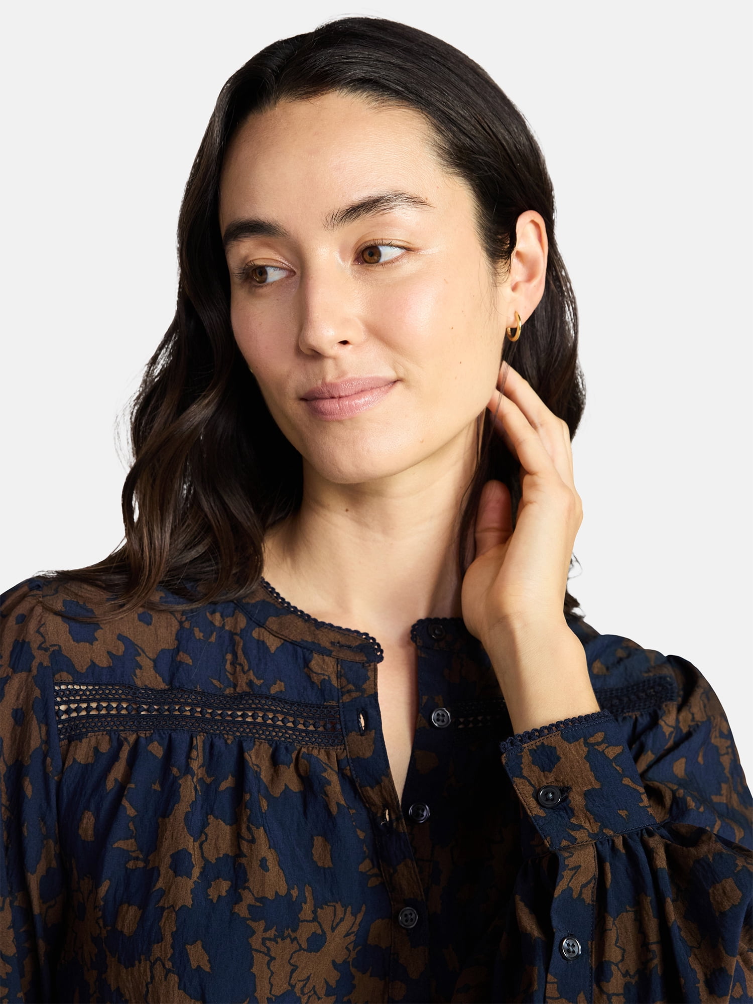 Time and Tru Women's Lace Yoke Shirt with Long Sleeves Sizes XS-XXXL
