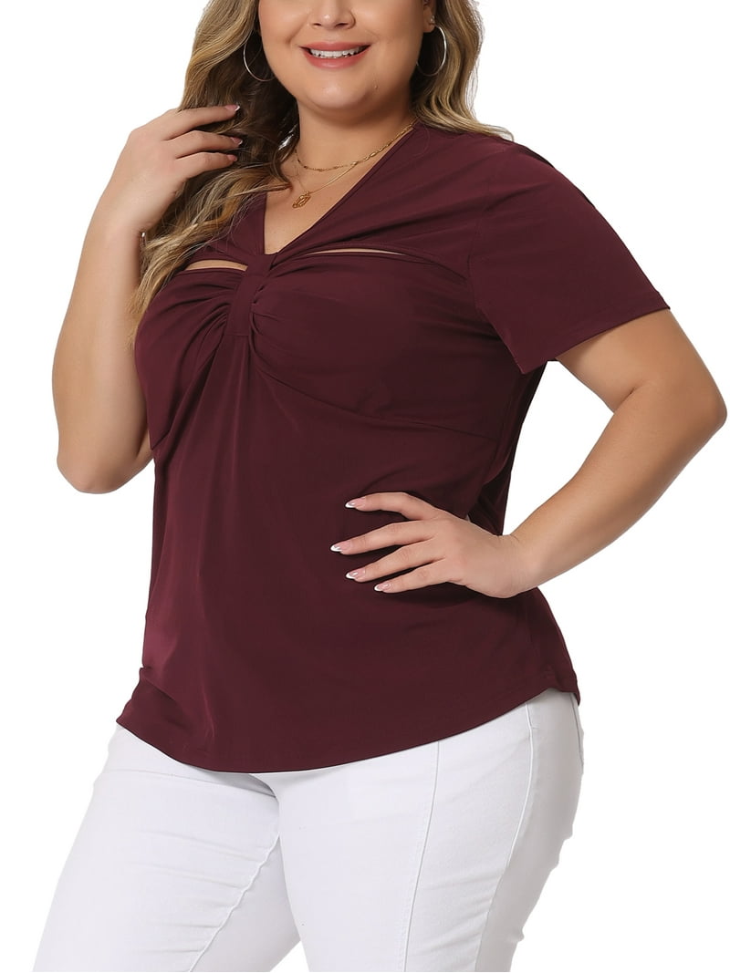 Unique Bargains Plus Size Burgundy Ribbed Knit Cut-Out Twist Tee
