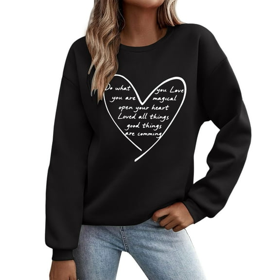 ZSQDM Women's Hoodless Sweatshirt Crop Hoodies for Women Women's Sweatshirt with Print Crew Neck Pullover with Heart Motif and Letter Print Polyester Women Blending Sweatshirt (L)