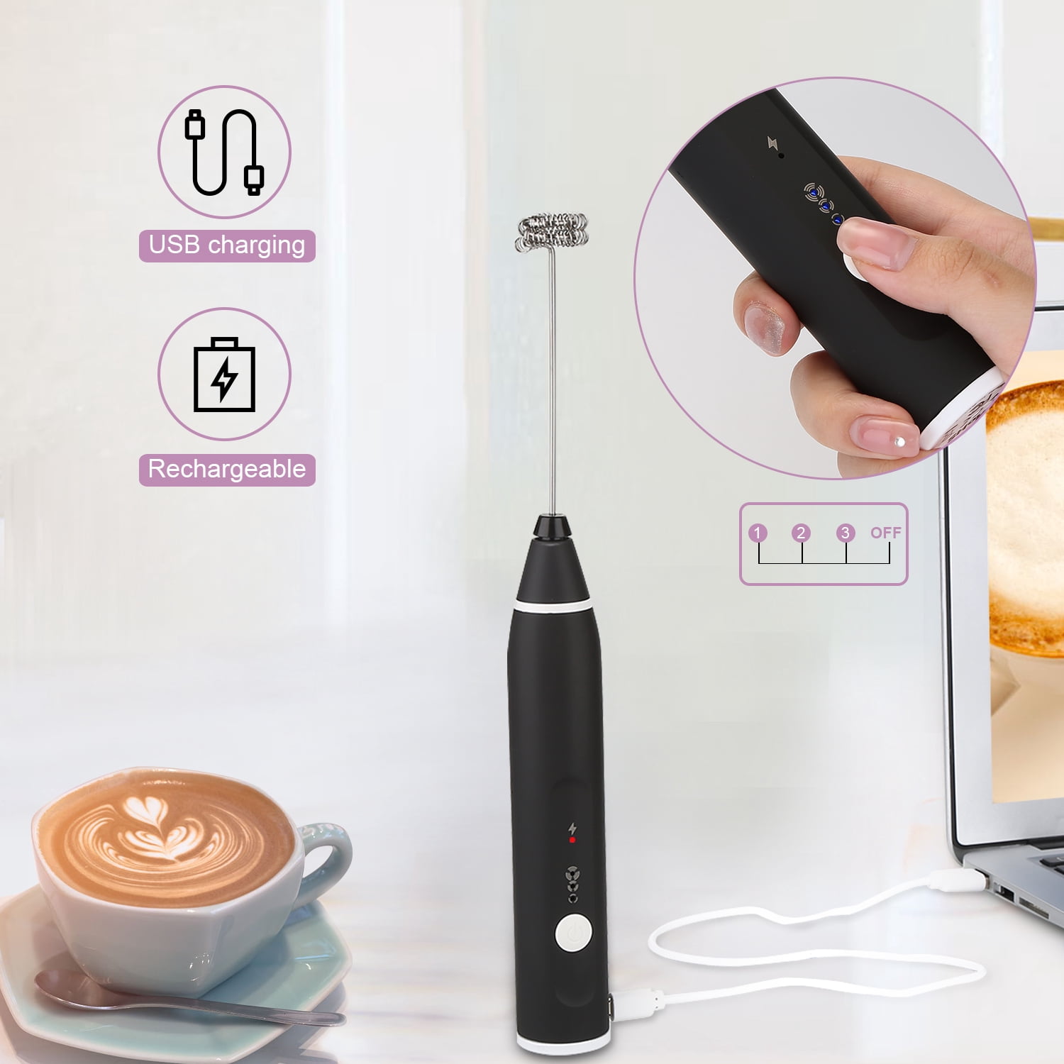 Fitnate Handheld Electric Milk Coffee Frother with Stainless Steel Whisk Black