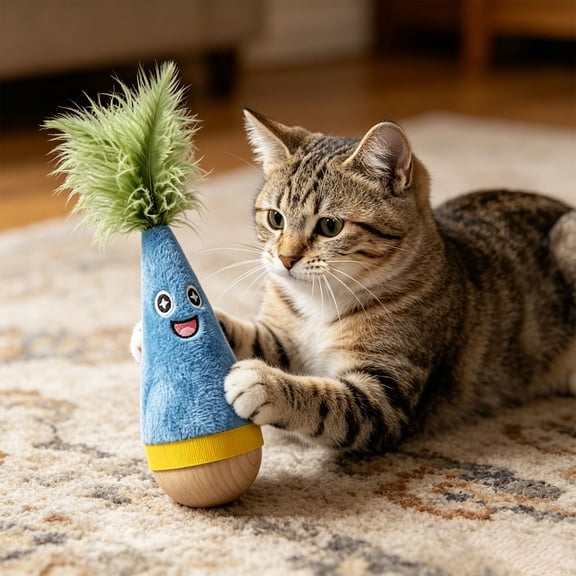 Cat Toy — Catnip-Free Self-Righting Wobble Tumbler with Feather Teaser, Silent Interactive Self-Play for Indoor Cats, No Batteries Required