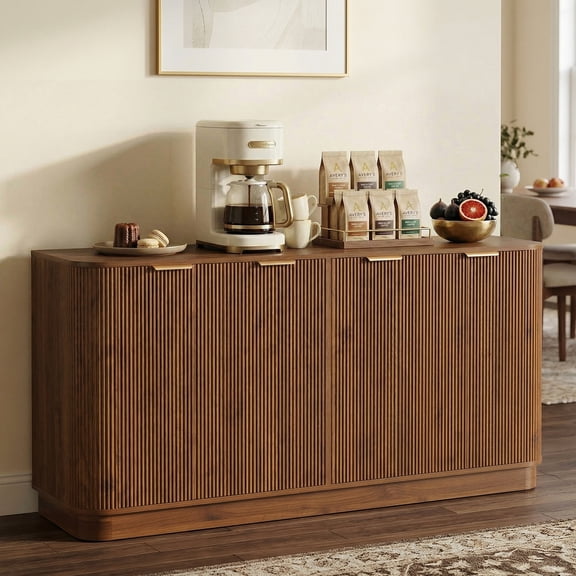 63" Fluted Sideboard, 4-Door Credenza with Adjustable Shelves, Elegant Brown Sideboard & Buffet for Dining Room