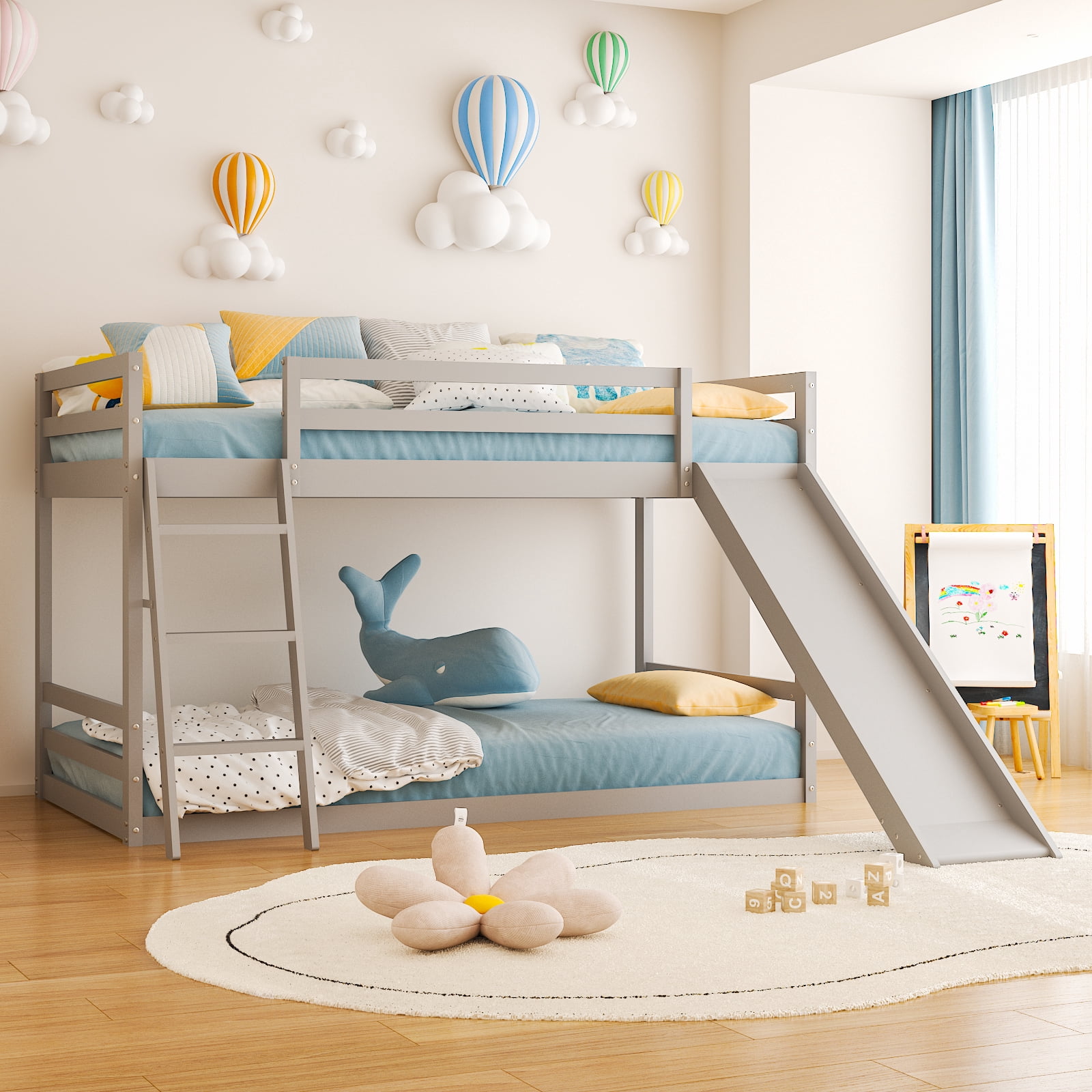 Ktaxon Bunk Bed Twin Over Twin,Kids Low Floor Bed Frame with Slide