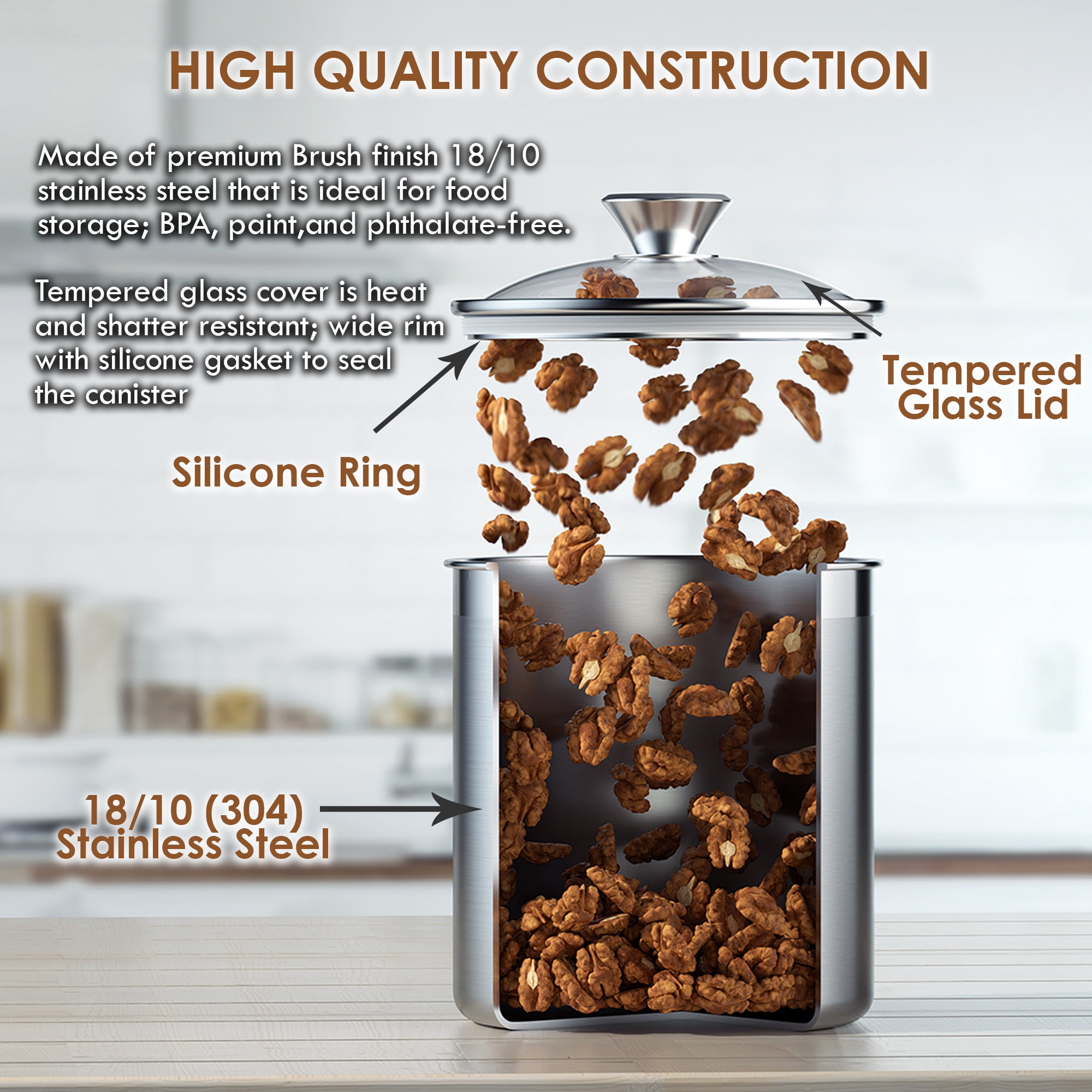 Cooks Standard Classic Stainless Steel Food Jar Storage Canister Set Large, Airtight Containers with Glass Lid for Tea Coffee Sugar Flour Pantry Kitchen Counter, 4-Piece