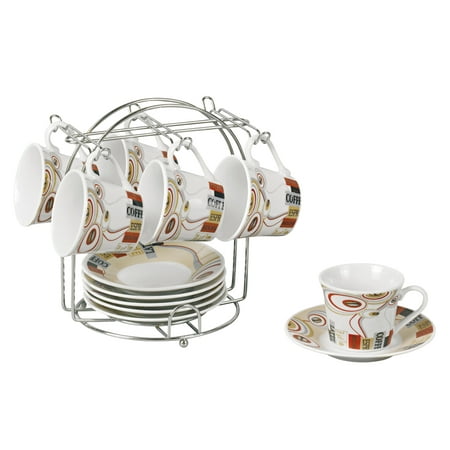 

Set of 6 Espresso Cups and Saucers Set with Metal Stand - 2oz Red and Grey