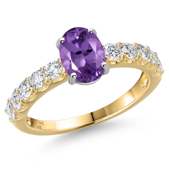 Gem Stone King 14K Two Tone Gold Purple Amethyst and Lab Grown Diamond Engagement Ring for Women | 1.80 Cttw | Oval 8X6MM | Gemstone February Birthstone | Size 5
