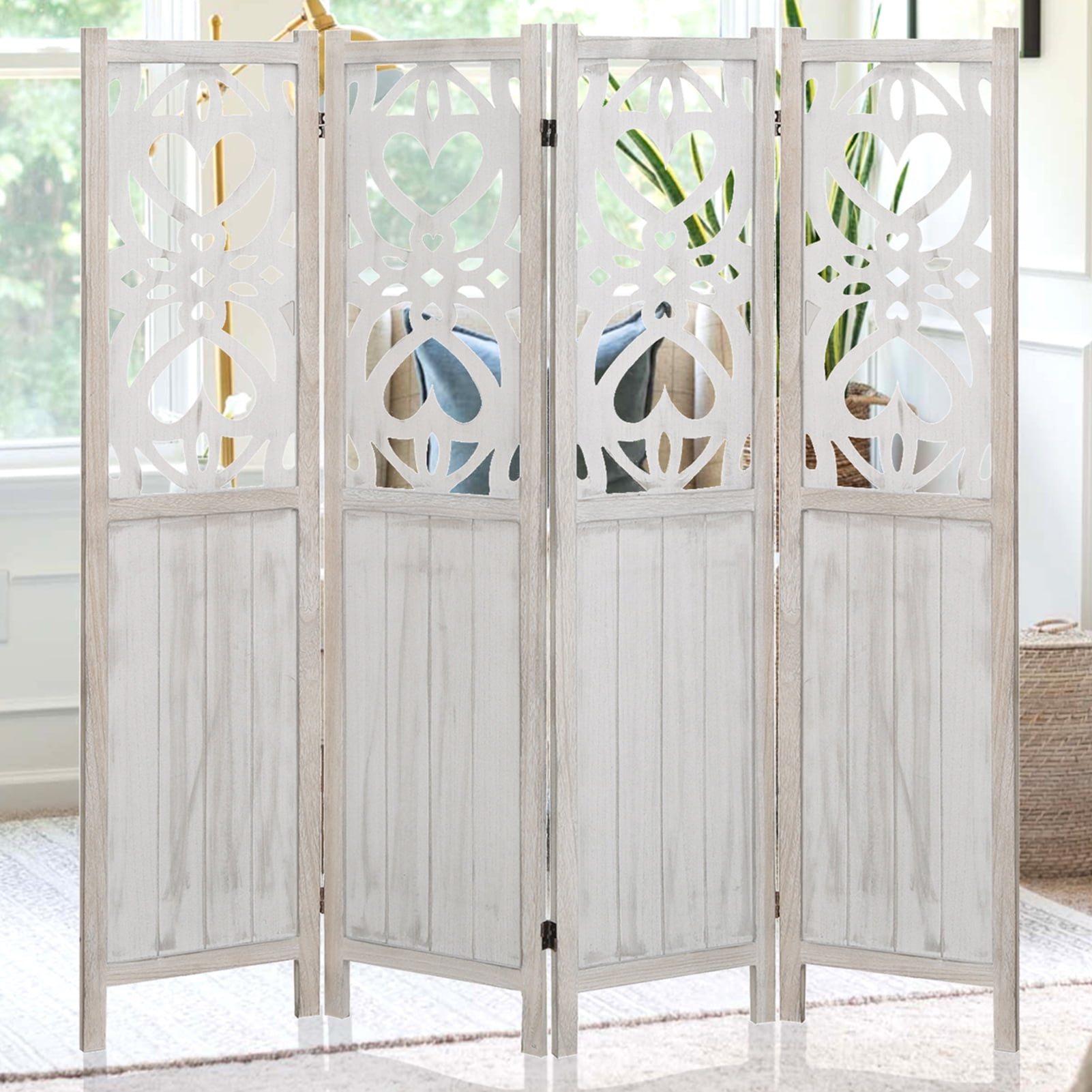 4 Panels Wood Carved Room Divider Folding Privacy Screen