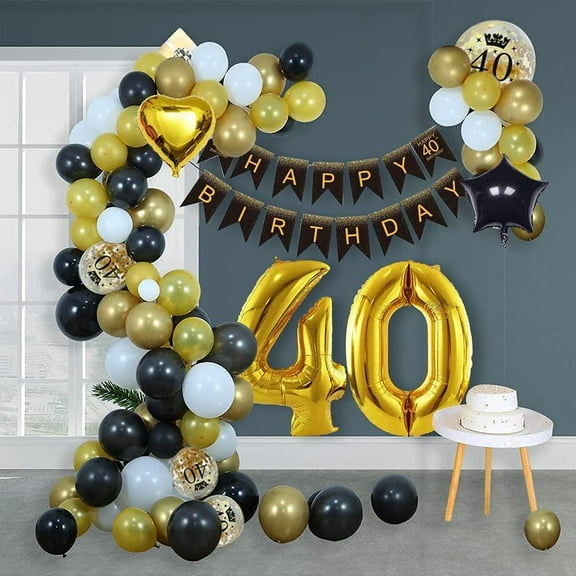 SPECOOL 40th Birthday Decorations Kit for Men Women, Black Gold Happy 40 Birthday Banner Balloons Supplies, Black Gold and White Paper Pompoms, Forty Year Old Bday Decorations