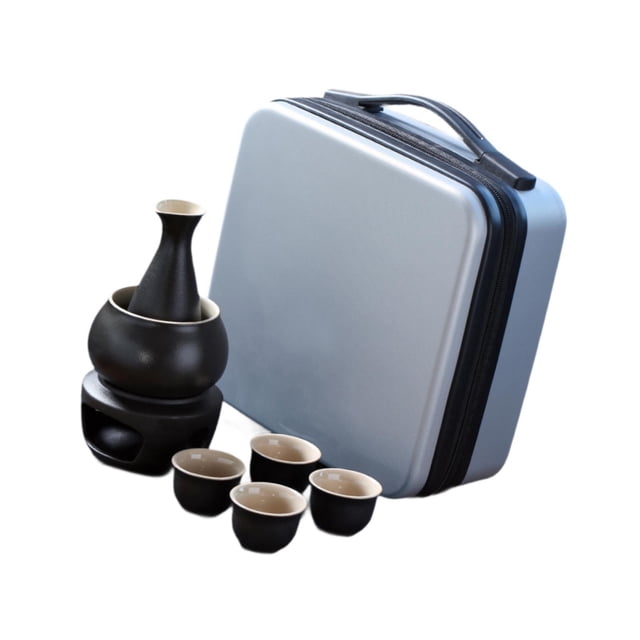 Juego de sake de cerámica con decantador de vino más cálido con bolsa de viaje, vasos clásicos, kits de vasos de cerámica antiguos para restaurante negro