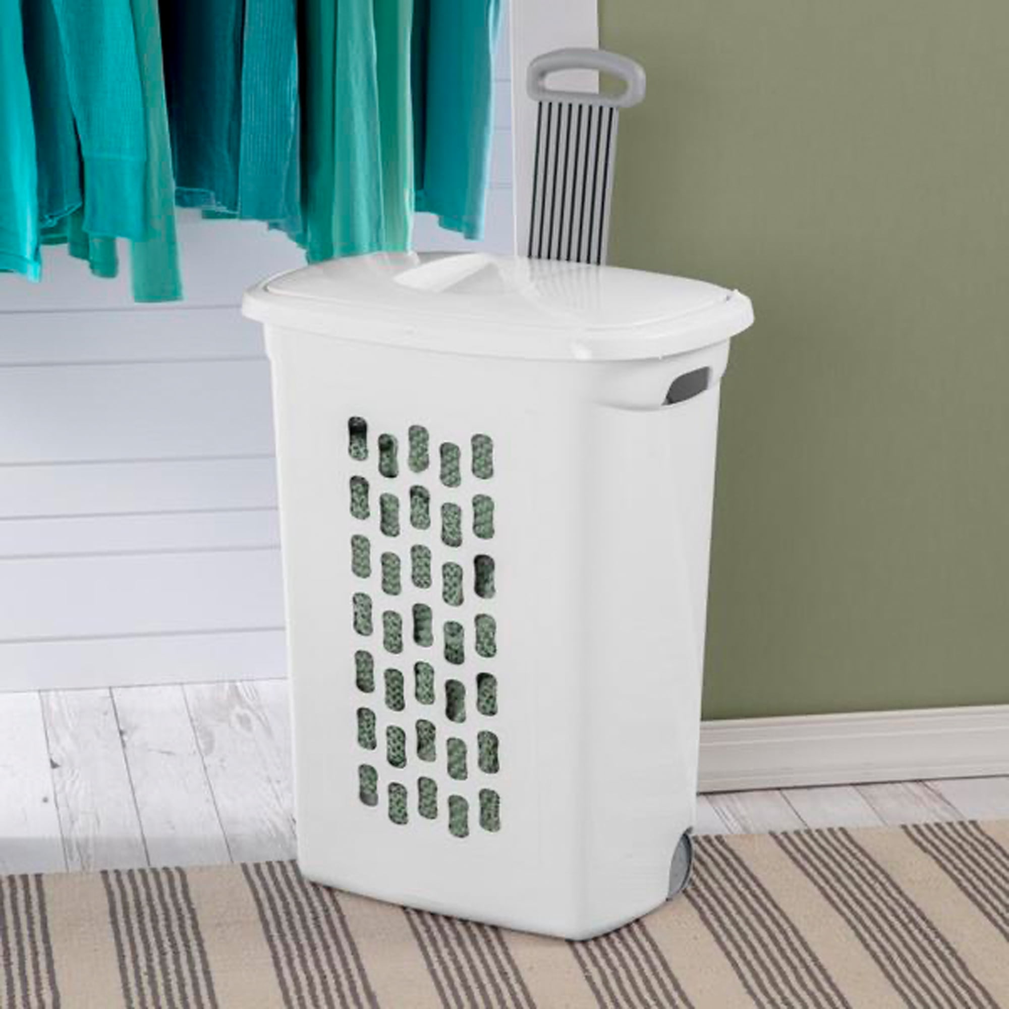 Sterilite White Laundry Hamper W/ Lift-Top, Wheels, & Pull Handle, 4 ...