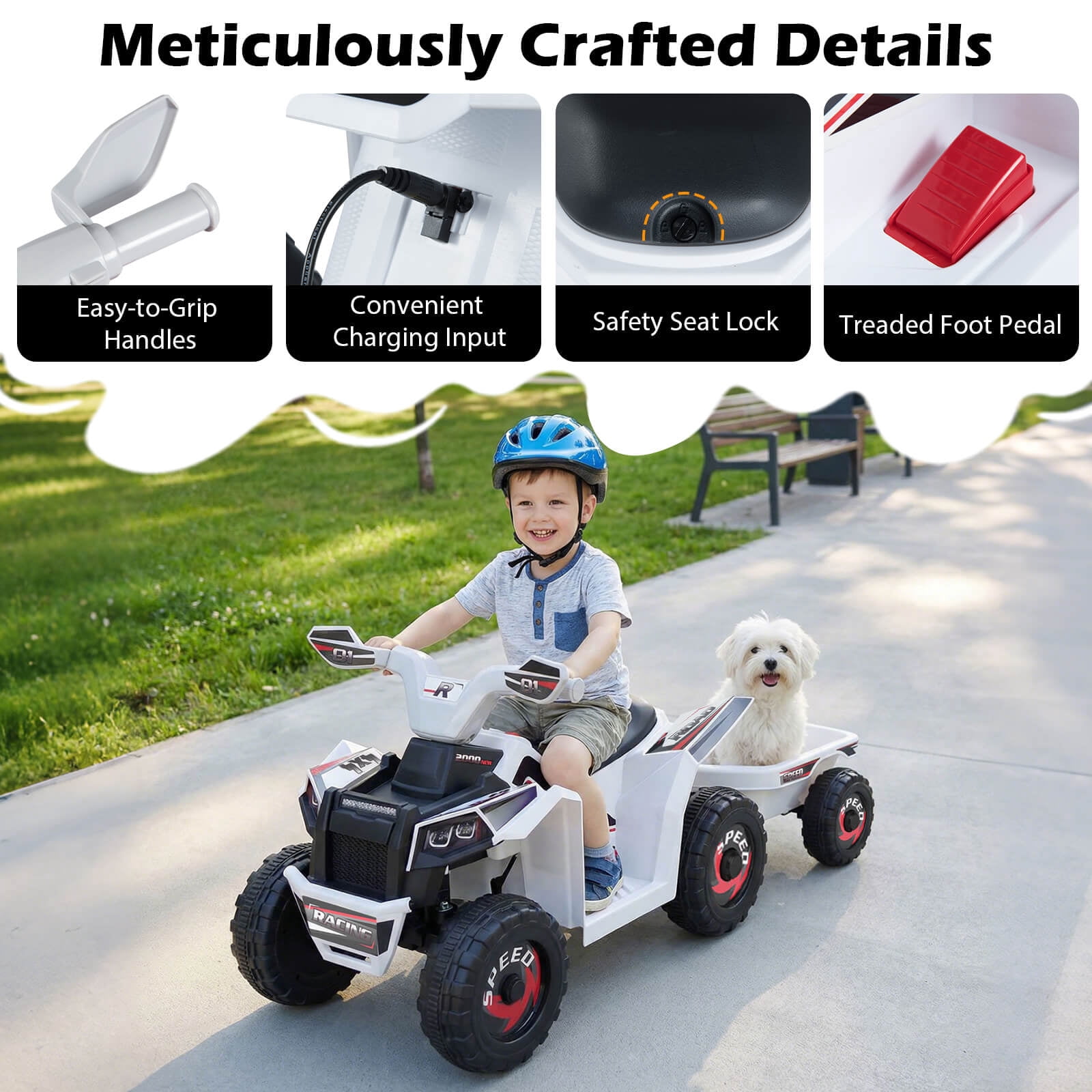 Costway Kids Electric ATV Car, 6V Battery-Powered Ride on Toy wirh Removable Back Trailer White