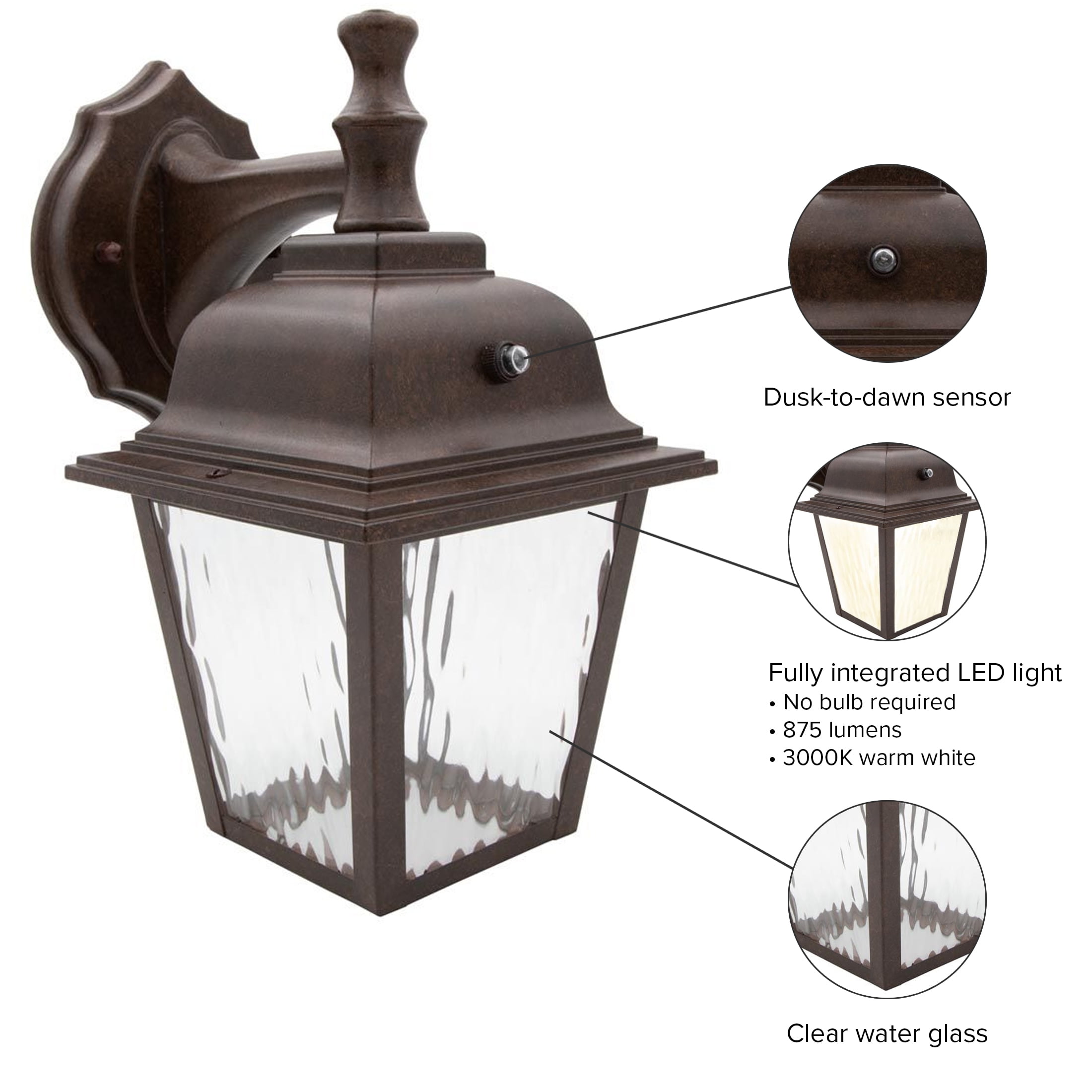 Maxxima LED Porch Lantern Outdoor Wall Light Fixture - Aged Bronze, Clear Water Glass, Photocell Sensor, 875 Lumens, 3000K Warm White, Dusk to Dawn Light Sensor, Exterior Decorative Light