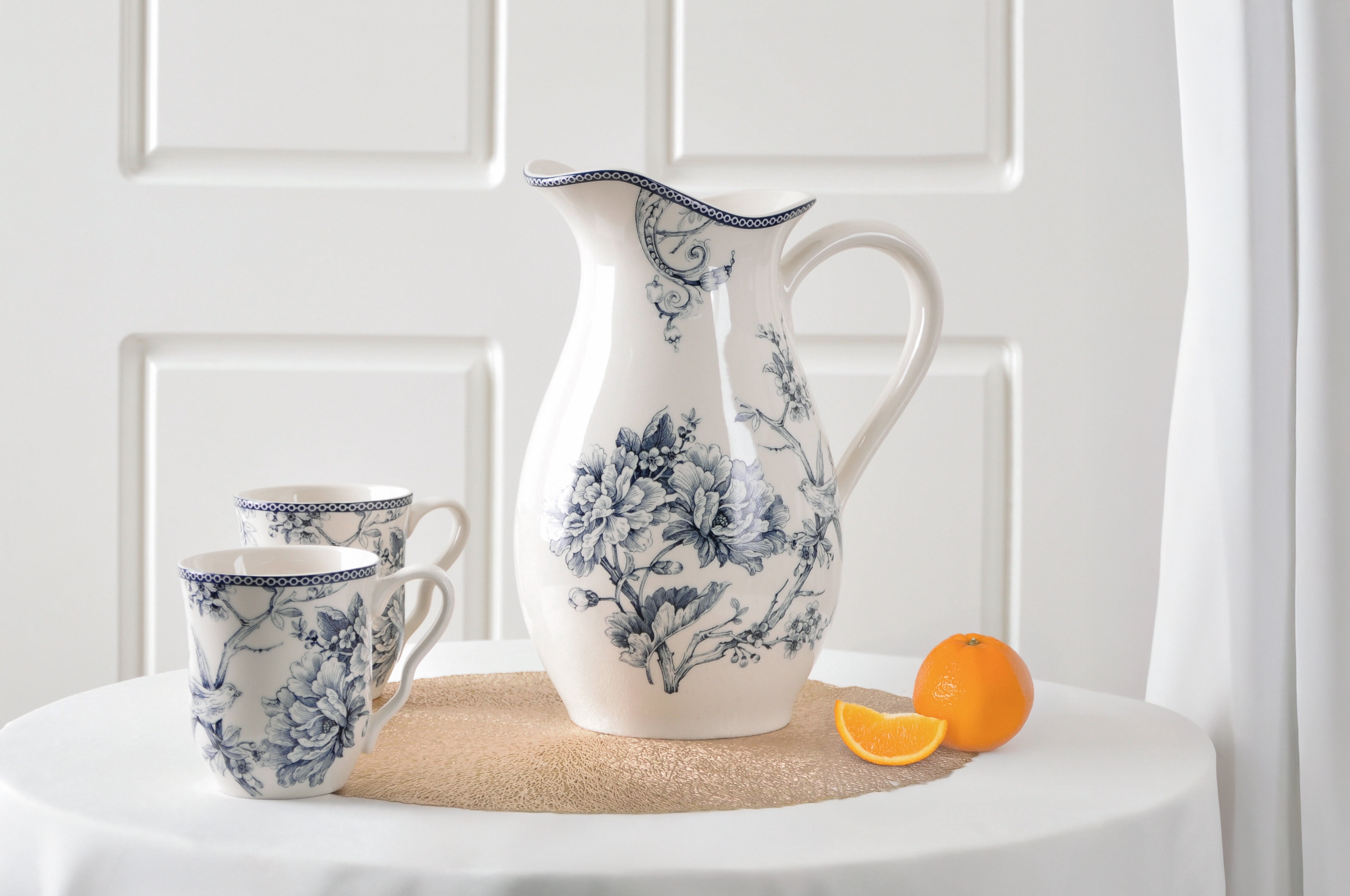 222 Fifth Adelaide Porcelain Pitcher, Blue & White Large Floral Vase, 100oz