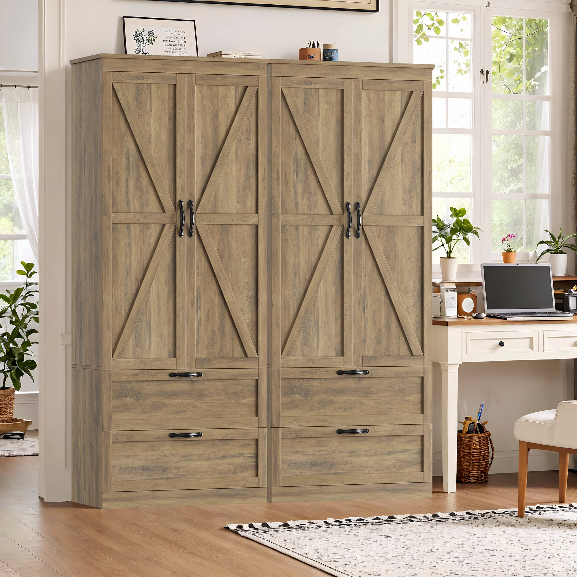 Homfa 70.3"H Bathroom Storage Cabinet, Farmhouse Linen Storage Cabinet with 2 Drawers, Rustic Brown