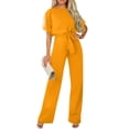 thumbnail image 2 of Huankd Womens Summer Casual Short Sleeve Pants Suit Beach Vacation Romper Belted Dressy Wedding Guest Jumpsuit Jumper Yellow L, 2 of 5