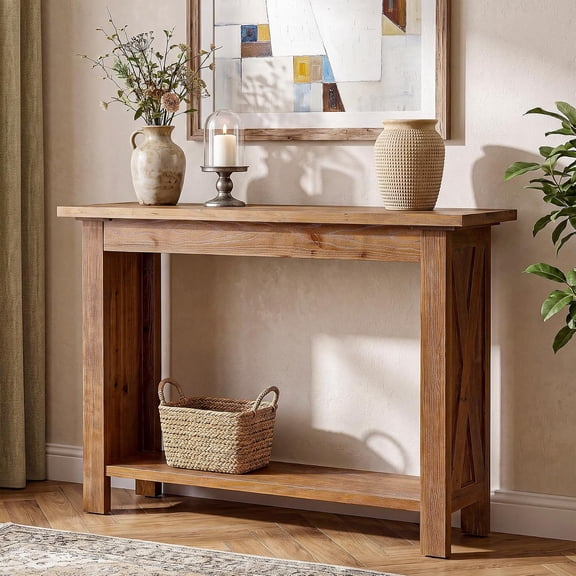 Finmind 41" Solid Wood Console Table, Farmhouse Sofa Table with Storage, Thin Table Hallway, Narrow Entryway Accent Table with 1.18" Thickened Tabletop, 11.8" W for Foyer, Living Room, Corridor