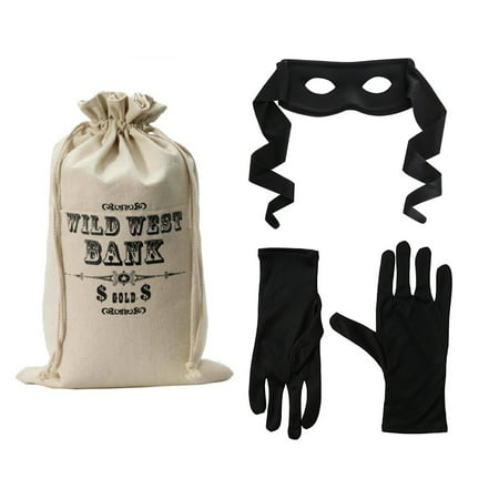 Wild West Bank Robber Money Bag Bandit Mask and Black Gloves Outlaw Costume