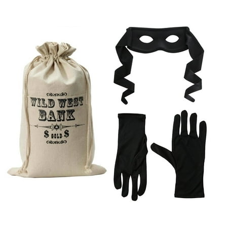 - Wild West Bank Robber Money Bag Bandit Mask and Black Gloves Outlaw Costume Kit