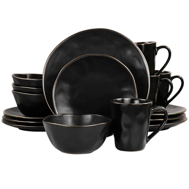 Modern Stoneware Dinnerware Set with Gold Rim, Matte Black - 16 Piece ...