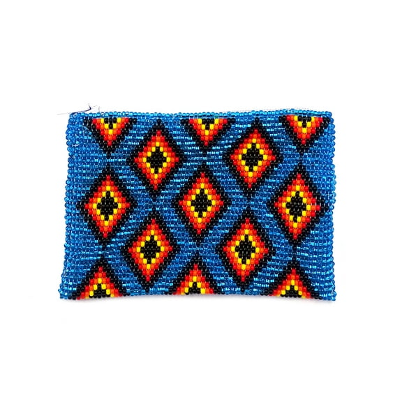 Native Inspired Multi Diamond Pattern Czech Glass Seed Beaded Coin Purse Zipper Pouch - Womens Fashion Handmade Bags Tribal Accessories