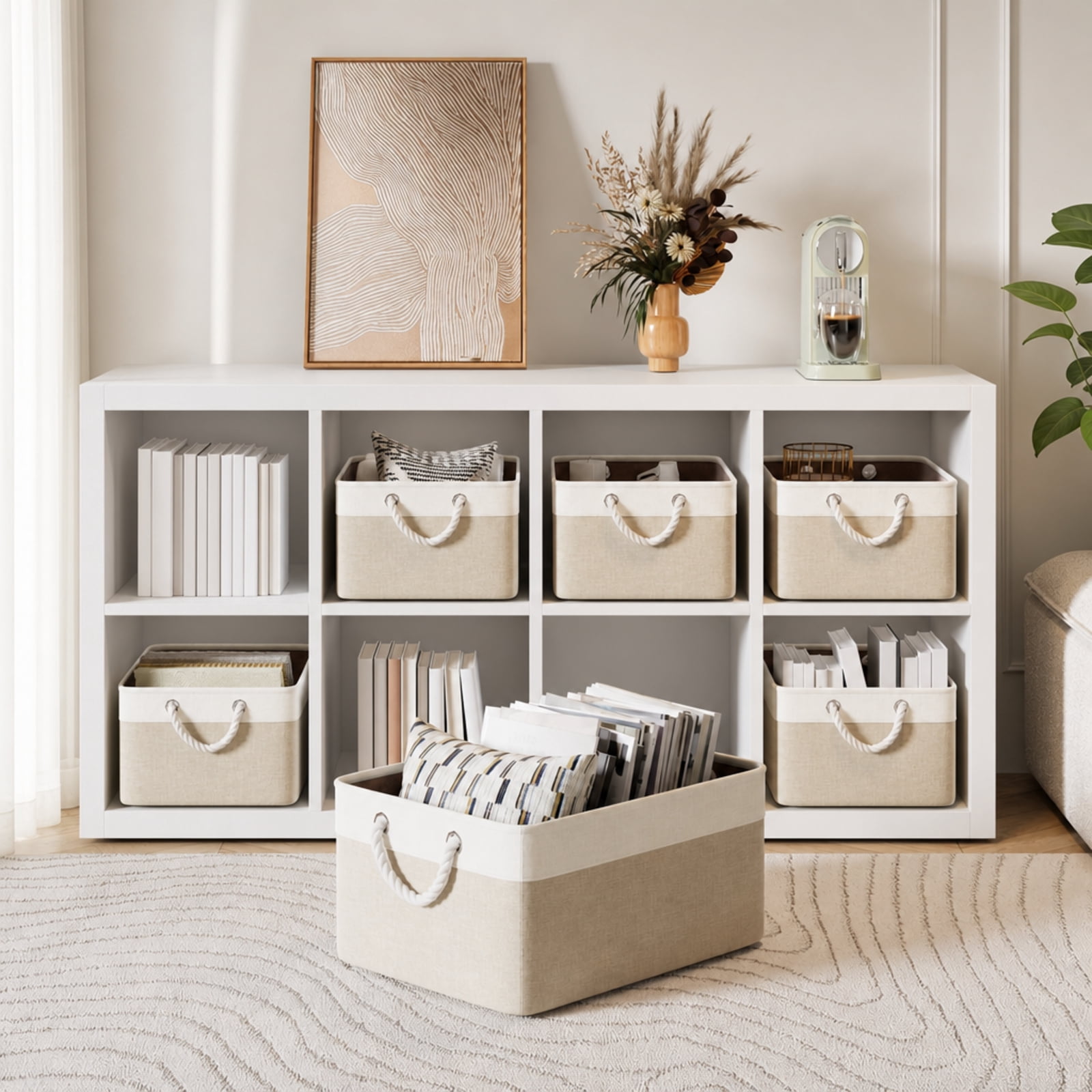 Fenbeli Fabric Storage Baskets Set of 4 Foldable Storage Bins with Cotton Rope Handles for Shelf and Closet, Gray White
