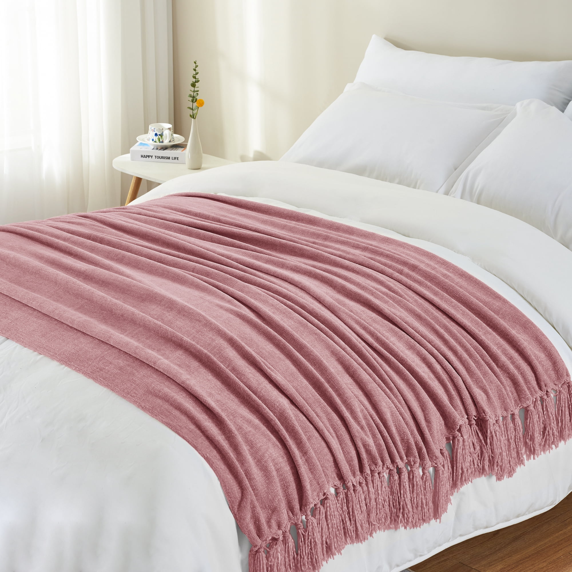 LONG CREATE Chenille Throw Blanket with Fringe Tassel for Couch Sofa Chair Bed, Mauve 60" x 90"
