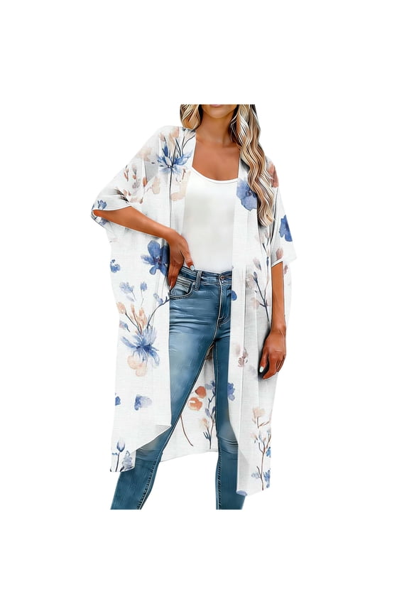 Womens Long Kimono Cardigans Lightweight Open Front Trendy Printing Swim Suit Cover Up Half Sleeve Summer Loose Fit Beach Coverups