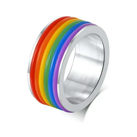 Silver/Black Stainless Steel Band Rainbow Silicone Jewelry Men's Ring Size 6-13