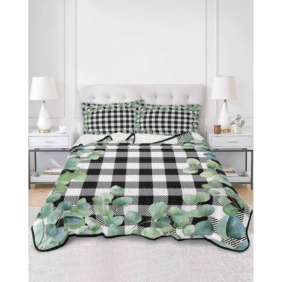 Quilts King Size, Sage Green Eucalyptus Soft Comforter Bedding Set for Bed, Spring Leaves Black White Plaid Lightweight Quilted Bedspread with Pillow Cover(2 Pieces) for All Season, 96x106 Inch