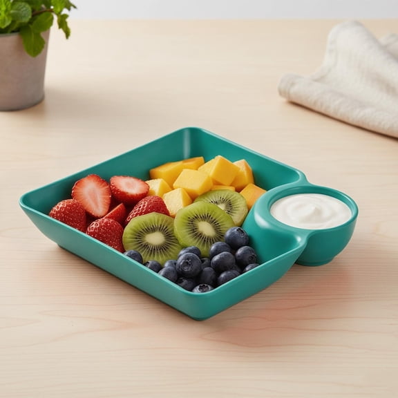 YIGOUMY - BPA-Free PP Divided Plate, 2-Compartment Serving Tray with Sauce Dip Section, Microwave & Dishwasher Safe Platter for Chips, Appetizers & Daily Meals (Mint Green)