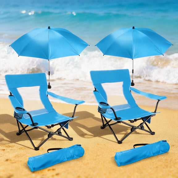 Coliware 2-Pack Beach Chairs with Umbrellas, Portable Folding Camping Chairs with Armrest Cup Holder Storage Bag Carry Bag for Adults, Outdoor Chair for Fishing, Lawn & Backyard, Blue