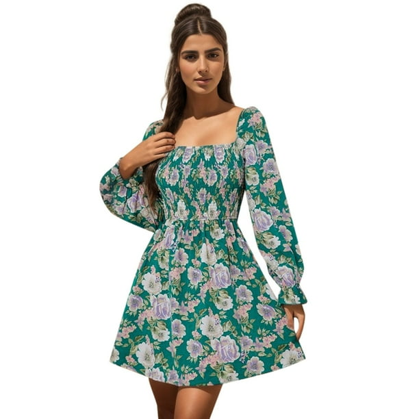 Gibobby vestidos para mujer vestido largo con estampado de flores bohemias de verano para mujer vestido de manga larga con mangas acampanadas Verde g